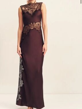 Shona Joy Chocolate Brown Lace-Trim Maxi Dress